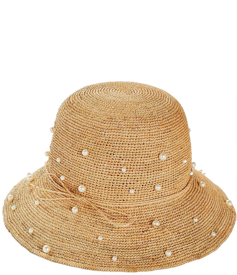 Natasha Accessories Raffia Pearl Scatter Bow Bucket Hat