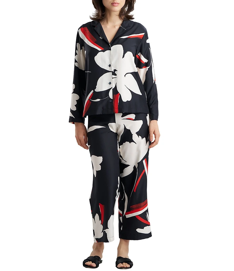 Natori Kami Long Sleeve Notch Collar Long Satin Floral Print Pajama Set