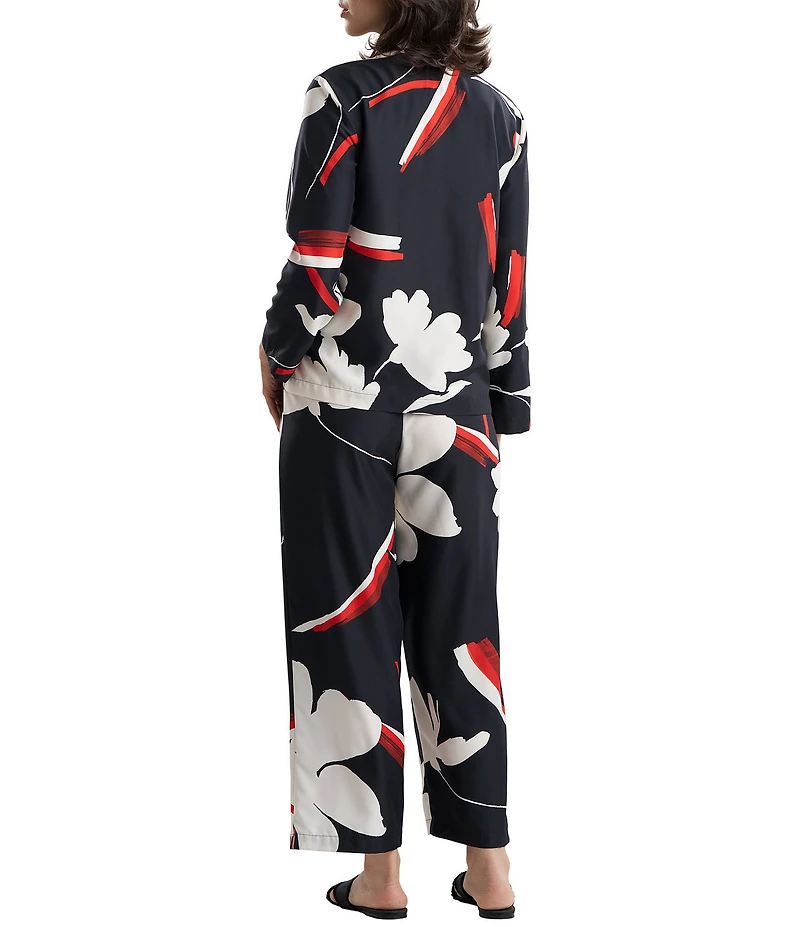 Natori Kami Long Sleeve Notch Collar Long Satin Floral Print Pajama Set