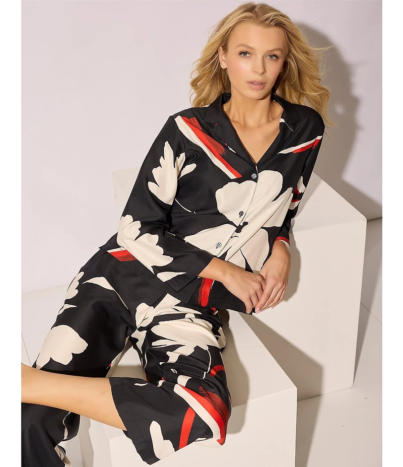 Natori Kami Long Sleeve Notch Collar Long Satin Floral Print Pajama Set