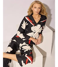 Natori Kami Long Sleeve Notch Collar Long Satin Floral Print Pajama Set