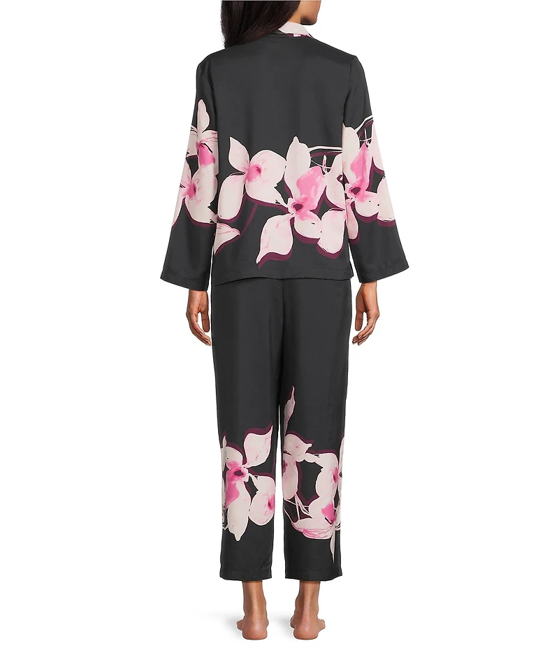 Natori Orchida Long Sleeve Notch Collar Long Satin Floral Print Pajama Set