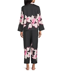 Natori Orchida Long Sleeve Notch Collar Long Satin Floral Print Pajama Set