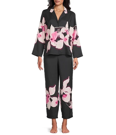 Natori Orchida Long Sleeve Notch Collar Long Satin Floral Print Pajama Set