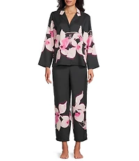 Natori Orchida Long Sleeve Notch Collar Long Satin Floral Print Pajama Set