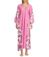 Natori Orchida Satin 3/4 Sleeve V-Neck Floral Print Caftan