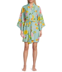 Natori Satin Floral Print Long Sleeve V-Neck Coordinating Short Robe