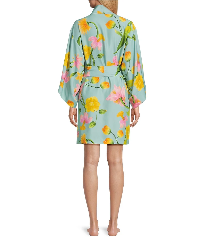 Natori Satin Floral Print Long Sleeve V-Neck Coordinating Short Robe