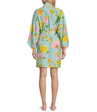 Natori Satin Floral Print Long Sleeve V-Neck Coordinating Short Robe
