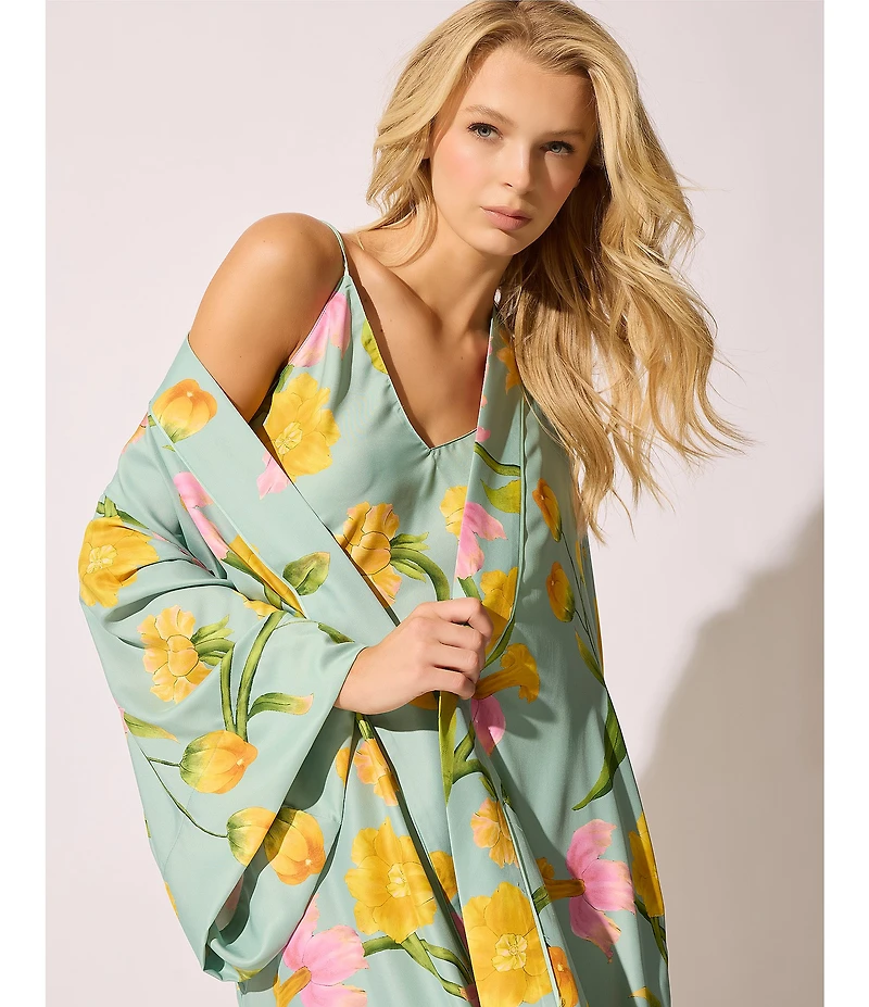Natori Satin Floral Print Long Sleeve V-Neck Coordinating Short Robe