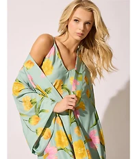 Natori Satin Floral Print Long Sleeve V-Neck Coordinating Short Robe