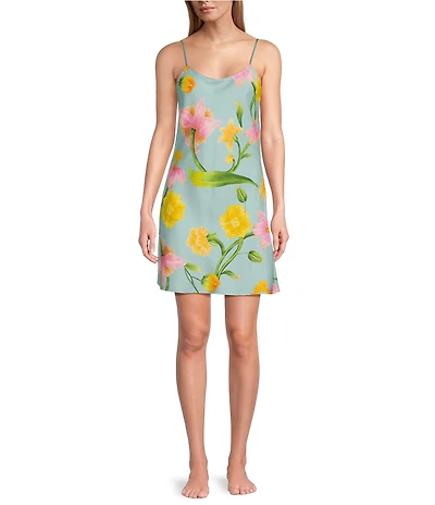 Natori Satin Floral Print Sleeveless Scoop Neck Coordinating Chemise