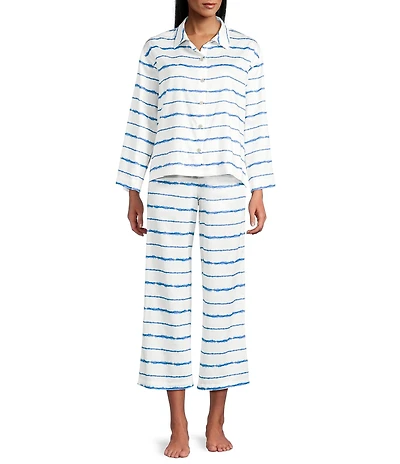 Natori Shibori Tie-Dye Long Sleeve Notch Collar Woven Cropped Pajama Set