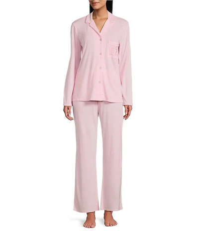 Natori Solid Long Sleeve Notch Collar Long Knit Pajama Set