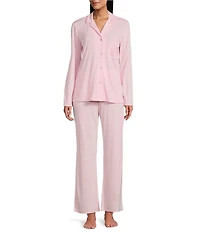 Natori Solid Long Sleeve Notch Collar Long Knit Pajama Set