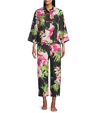 Natori Sonomi Long Sleeve Mandarin Collar Satin Floral Print Pajama Set