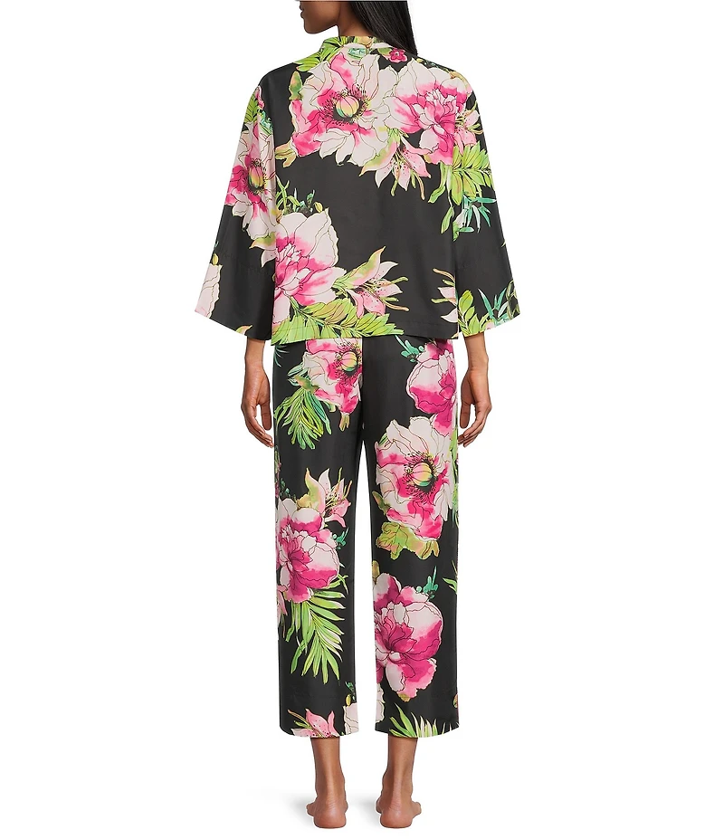 Natori Sonomi Long Sleeve Mandarin Collar Satin Floral Print Pajama Set