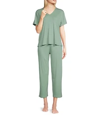 Natori Soothe Ribbed Knit Short Sleeve Round Neck Cropped Lounge Set