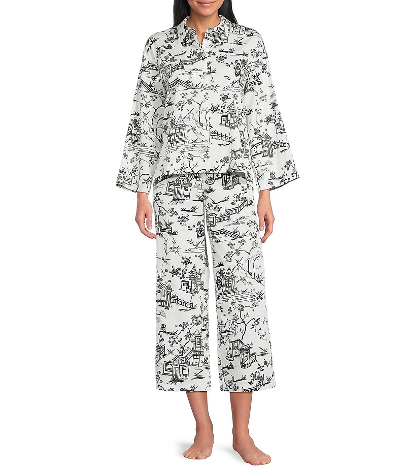 Natori Toile Long Sleeve Notch Collar Woven Sateen Long Pajama Set