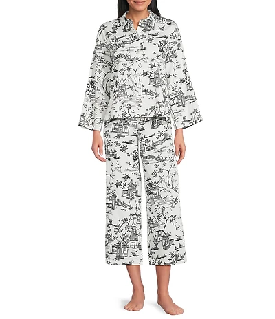 Natori Toile Long Sleeve Notch Collar Woven Sateen Long Pajama Set