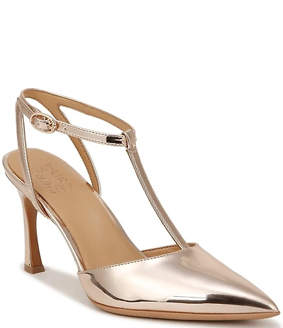 Naturalizer Astrid Patent Metallic Mirror Pointed Toe T-Strap Dress Pumps