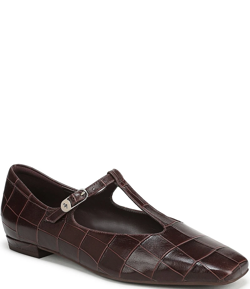 Naturalizer Bella Croco Embossed Leather Square Toe T-Strap Mary Jane Flats