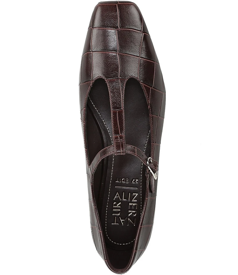 Naturalizer Bella Croco Embossed Leather Square Toe T-Strap Mary Jane Flats
