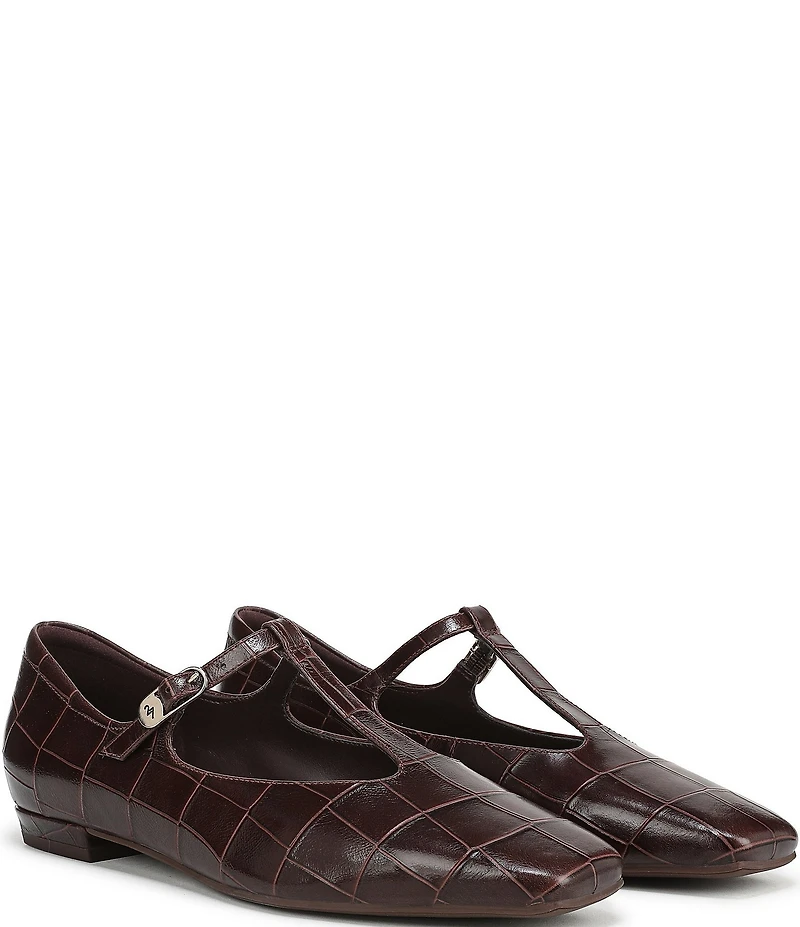 Naturalizer Bella Croco Embossed Leather Square Toe T-Strap Mary Jane Flats