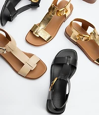 Naturalizer Brandy Leather Big Buckle Hardware T-Strap Ankle Wrap Sandals