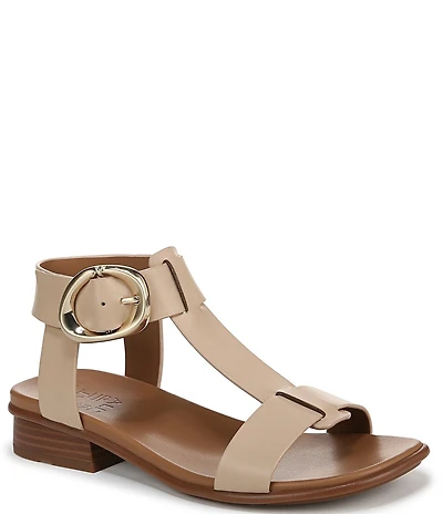 Naturalizer Brandy Leather Big Buckle Hardware T-Strap Ankle Wrap Sandals