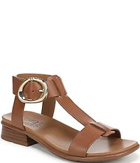 Naturalizer Brandy Leather Big Buckle Hardware T-Strap Ankle Wrap Sandals