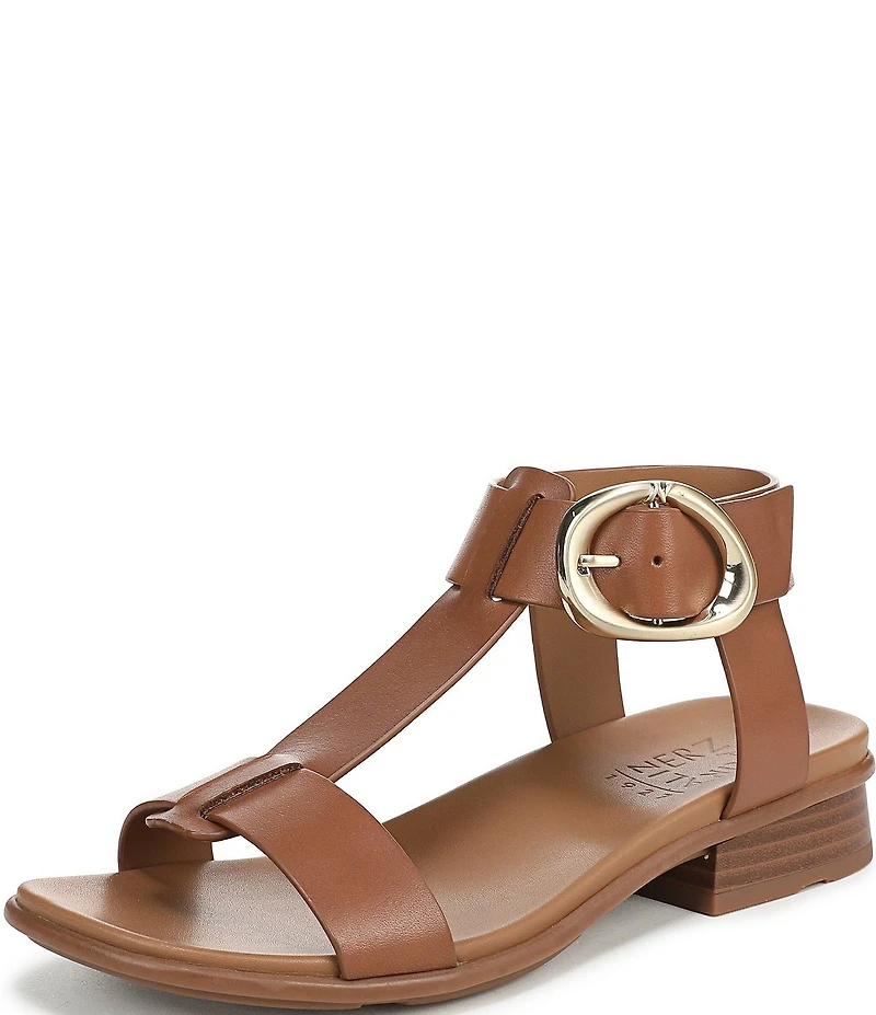 Naturalizer Brandy Leather Big Buckle Hardware T-Strap Ankle Wrap Sandals
