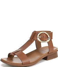 Naturalizer Brandy Leather Big Buckle Hardware T-Strap Ankle Wrap Sandals