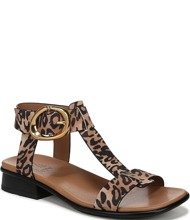 Naturalizer Brandy Leopard Print Suede Big Buckle Hardware T-Strap Ankle Wrap Sandals