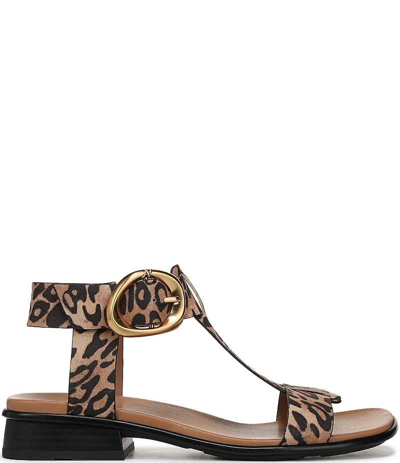 Naturalizer Brandy Leopard Print Suede Big Buckle Hardware T-Strap Ankle Wrap Sandals
