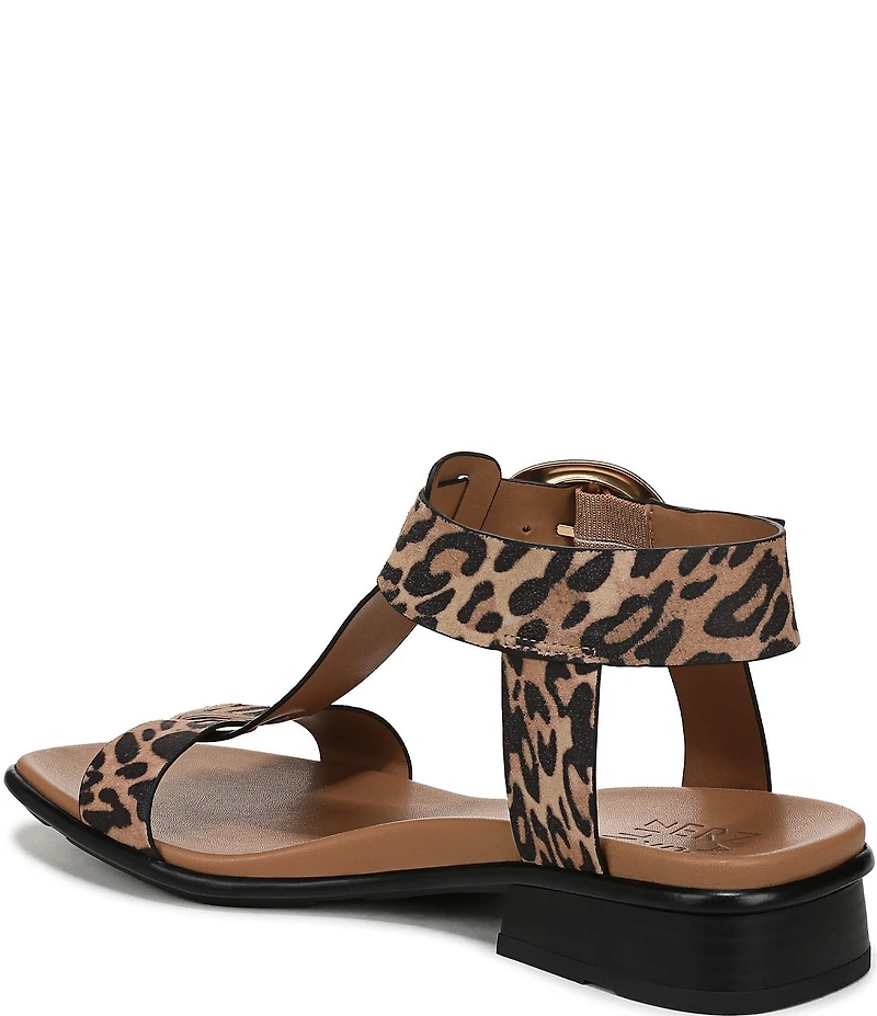Naturalizer Brandy Leopard Print Suede Big Buckle Hardware T-Strap Ankle Wrap Sandals