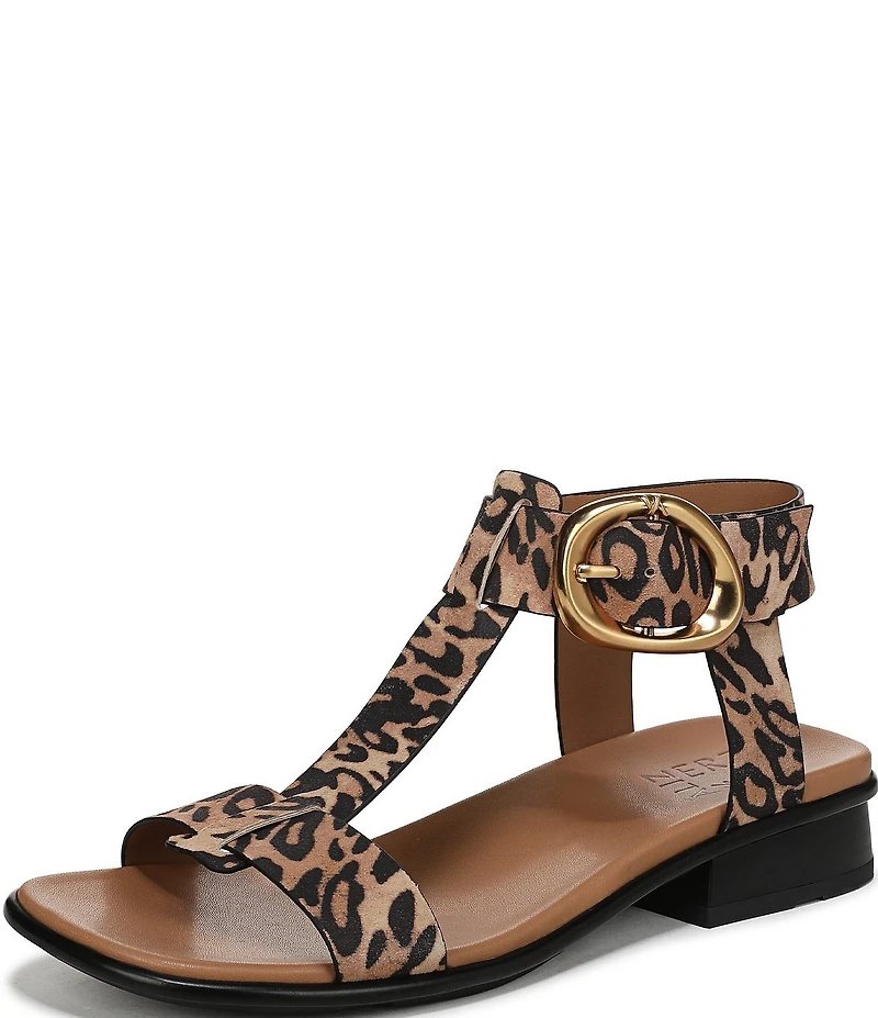 Naturalizer Brandy Leopard Print Suede Big Buckle Hardware T-Strap Ankle Wrap Sandals
