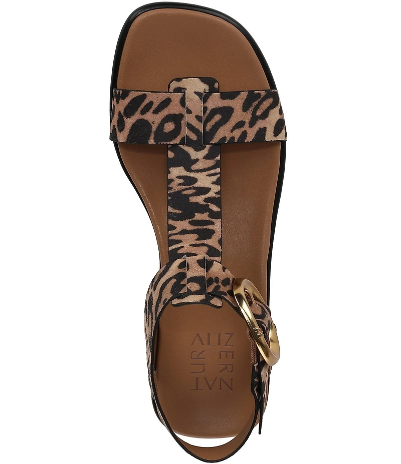 Naturalizer Brandy Leopard Print Suede Big Buckle Hardware T-Strap Ankle Wrap Sandals