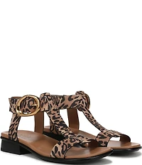 Naturalizer Brandy Leopard Print Suede Big Buckle Hardware T-Strap Ankle Wrap Sandals