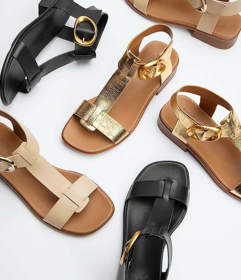 Naturalizer Brandy Metallic Big Buckle Hardware T-Strap Ankle Wrap Sandals