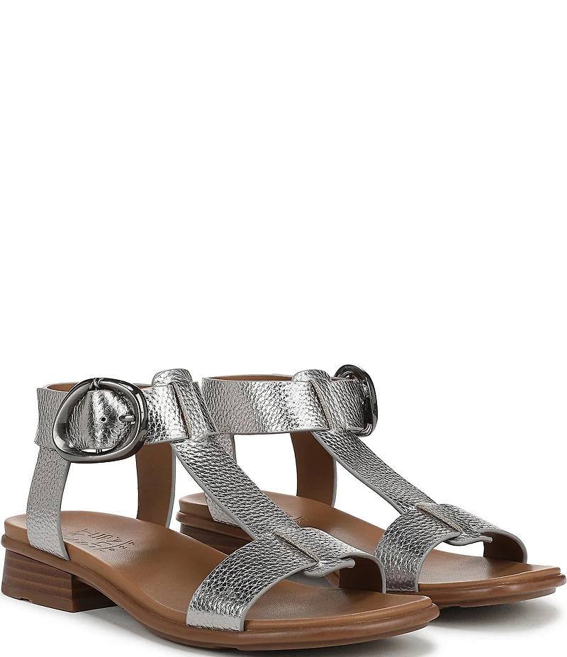 Naturalizer Brandy Metallic Big Buckle Hardware T-Strap Ankle Wrap Sandals