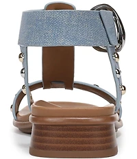 Naturalizer Brandy Studded Denim Big Buckle Hardware T-Strap Ankle Wrap Sandals