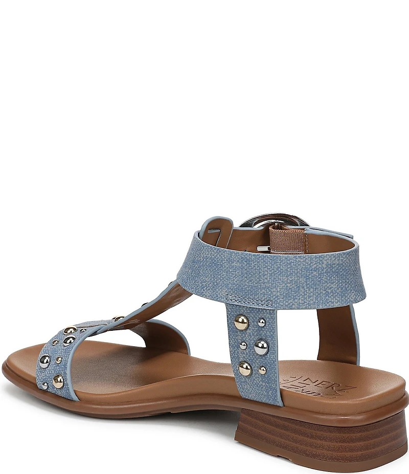 Naturalizer Brandy Studded Denim Big Buckle Hardware T-Strap Ankle Wrap Sandals