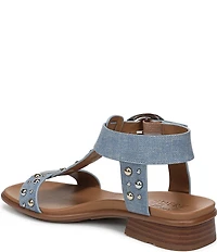 Naturalizer Brandy Studded Denim Big Buckle Hardware T-Strap Ankle Wrap Sandals