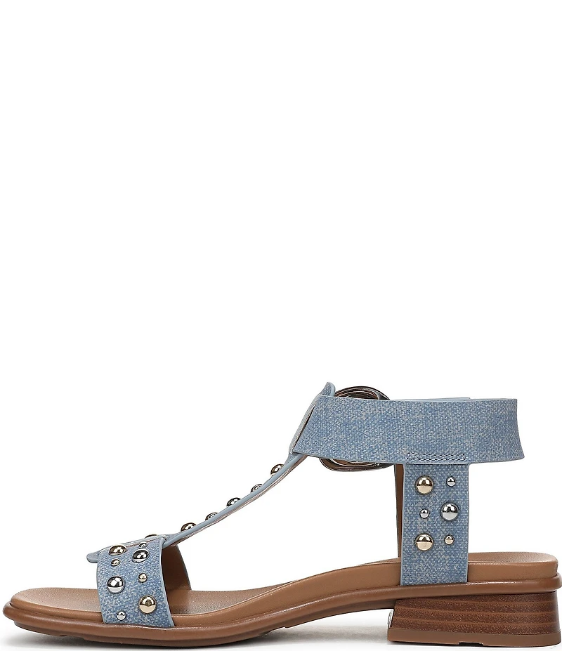 Naturalizer Brandy Studded Denim Big Buckle Hardware T-Strap Ankle Wrap Sandals