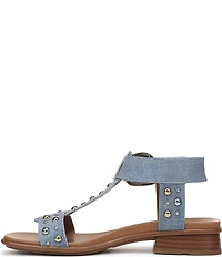 Naturalizer Brandy Studded Denim Big Buckle Hardware T-Strap Ankle Wrap Sandals