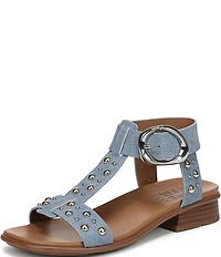 Naturalizer Brandy Studded Denim Big Buckle Hardware T-Strap Ankle Wrap Sandals