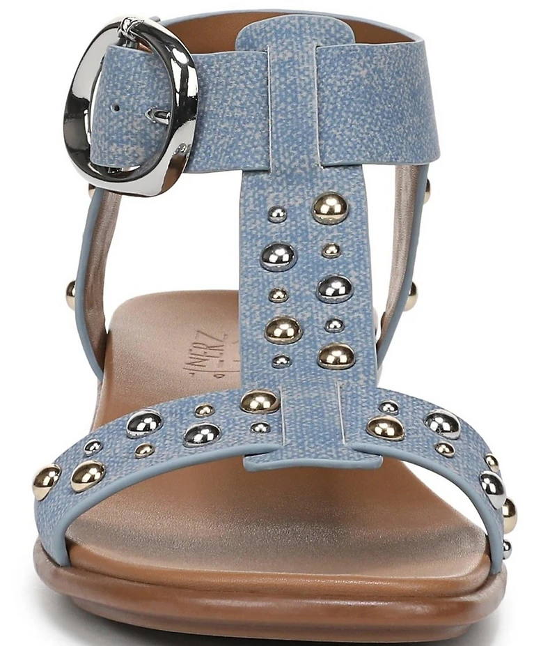 Naturalizer Brandy Studded Denim Big Buckle Hardware T-Strap Ankle Wrap Sandals