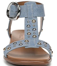Naturalizer Brandy Studded Denim Big Buckle Hardware T-Strap Ankle Wrap Sandals