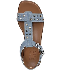 Naturalizer Brandy Studded Denim Big Buckle Hardware T-Strap Ankle Wrap Sandals